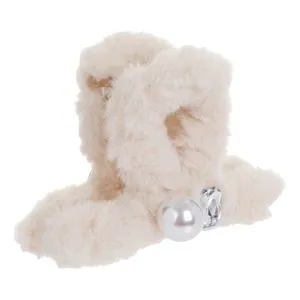 Clamă de păr cu blană artificială ecru, mărgea albă și piatră, 9.5 cm