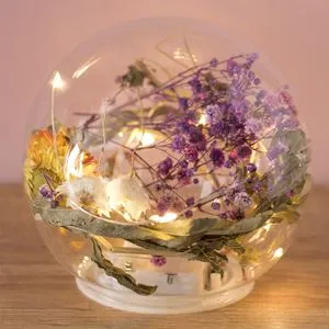Sferă decorativă din sticlă cu 10 LED-uri și flori uscate, Ø12 cm