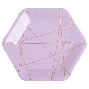 Farfurii hexagonale din carton, mov marmorat cu accente aurii, 18 cm, set de 6 bucăți