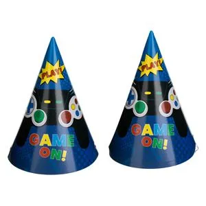 Coifuri de petrecere din carton, Albastre cu model Game On, 16cm, 6 buc