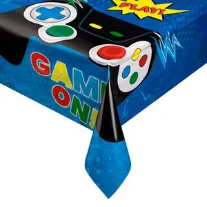 Fata de masa de petrecere din plastic, Albastra cu model Game On, 180x120 cm