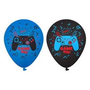 Baloane de Petrecere cu Model Gaming "Game On", Albastre și Negre, 30cm, 10 bucăți