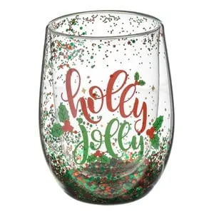 Pahar de Craciun din sticla cu confetti roșu și verde Holly Jolly