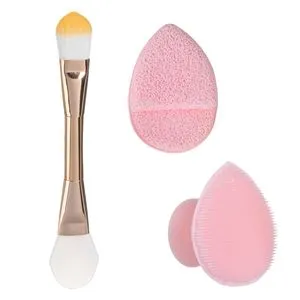 Set pentru Aplicat Masca Facială cu Pensulă, Perie de Exfoliere și Burete - 3 piese, Roz