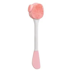 Perie de curățat fața cu spatulă din silicon, 3 capete, 16 cm, roz și alb