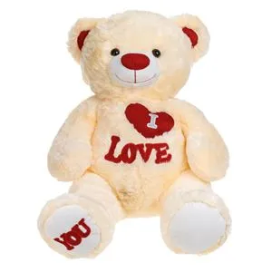 Ursulet de Plus Bej cu Inima Rosie si Detalii Glitter, 50cm