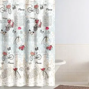 Perdea de dus textila, 180x180 cm, albastra, model vintage cu biciclete