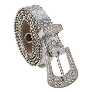 Curea pentru femei cu glitter argintiu și cataramă metalică cu strass, 110x2.5 cm