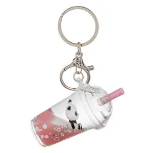 Breloc Pahar Milkshake Roz cu Panda și Confetti Argintiu
