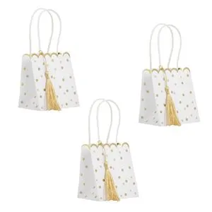 Set 3 Pungi Cadou din Hârtie Kraft Albă cu Buline Aurii și Fundiță Aurie, 10x7x11 cm