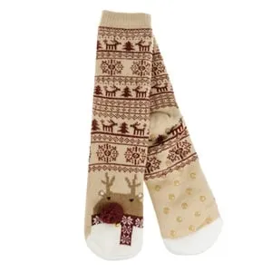 Sosete de iarnă femei bej bordo jacquard cu talpă antiderapantă