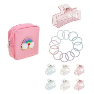 Set accesorii par pentru copii, Poseta roz cu model 3D curcubeu, 7 clame si 12 elastice par