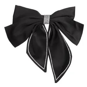 Clamă de păr cu fundă dublă din satin negru, cu strasuri argintii, 20 cm