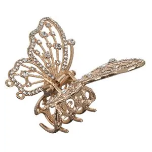 Clamă de păr fluture metalic auriu cu strass argintiu, 6 cm