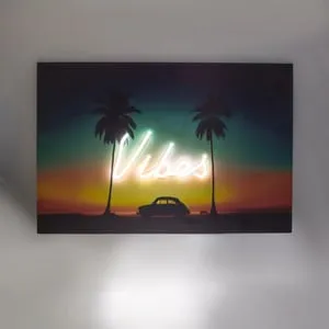 Tablou din lemn cu LED Neon Model Apus de Soare Vibes 60x40cm