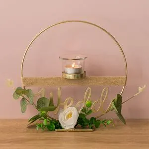 Suport decorativ metalic auriu cu pahar pentru lumanare, 23x6x24cm