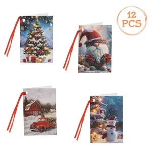 Set Felicitări de Crăciun cu Panglică Roșie, 12 buc, 4 Modele, 5.5x8 cm