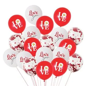 Baloane de Petrecere Latex, 20 buc, 30cm, Rosii si Albe cu Imprimeu Love si Confetti Inimi