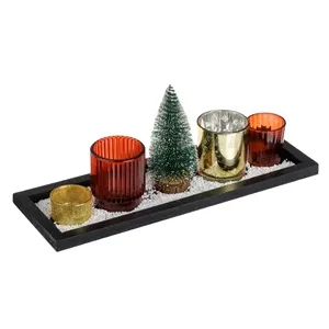 Set Decorativ de Craciun cu Suport de Lemn pentru Lumanari și Brad