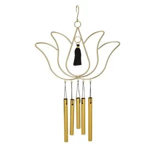 Clopoței de vânt cu floare de lotus, 5 fluiere metalice aurii, 25x39 cm