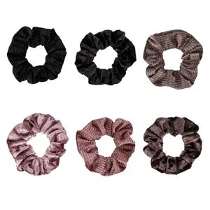 Set 6 Elastice de Păr Catifelate, Textura Ribbed, Negru, Maro și Roz