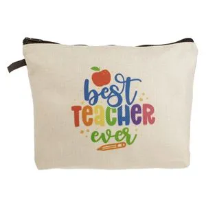 Portfard bej textil cu fermoar și mesaj „Best Teacher Ever” 26x5x18cm