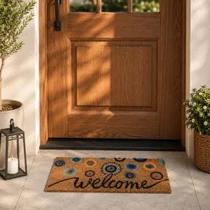 Covoraș pentru trepte cu imprimeu Welcome și model ochi, 60x25 cm, Bej
