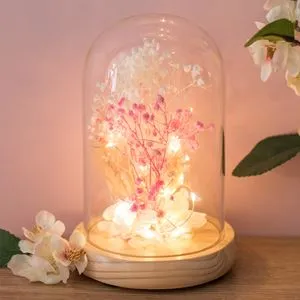 Cupola Decorativă de Sticlă cu LED și Flori Roz Albe