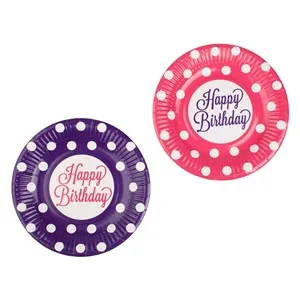 Farfurii de petrecere carton fucsia și mov cu mesaj Happy Birthday