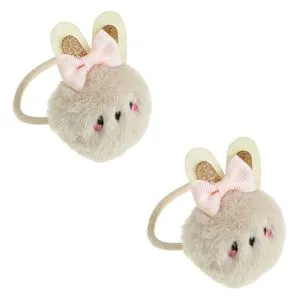 Set Elastice Par Iepurasi Pompon Bej cu Glitter Auriu pentru Copii