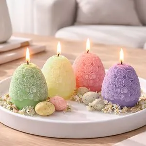 Lumanare decorativa de Paste in forma de ou, Set 4 buc, Multicolor, Ø5,5x7cm