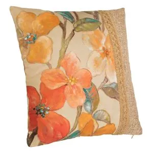 Pernă decorativă florală cu margine de iută, 45x45cm, Bej