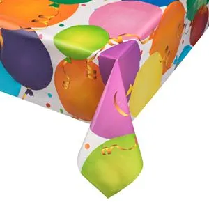 Față de masă din plastic albă cu model baloane colorate