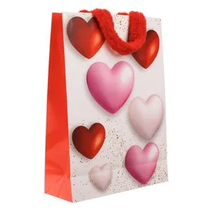 Sacosa cadou din hartie cu inimioare si manere din blana artificiala, 33x12x45cm