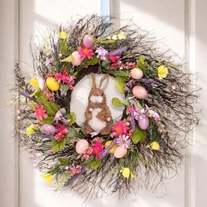 Coroniță decorativă de Paște cu iepuraș, ouă pastel, flori și fructe, Ø60 cm