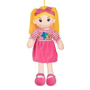 Papusa textila cu rochie fuchsia si par blond, 55 cm