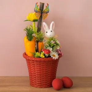 Decoratiune de Paste cu Ghiveci Rosu, Iepuras si Morcovi, Ø17x33cm