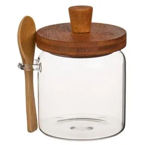 Borcan transparent din sticlă termorezistent cu capac și lingură de bambus 500ml