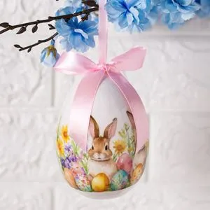 Ou Decorativ de Paste cu Model Iepure și Flori, 12 cm, Alb