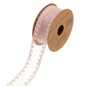 Panglică din tul cu model dantelă, 3 m x 30 mm, roz