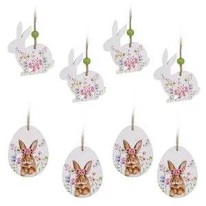 Decoratiuni de Paste din Lemn Suspendabile, Set 8 buc, 7 cm, Alb