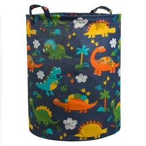 Coș de rufe cilindric cu dinozauri pentru copii, model albastru