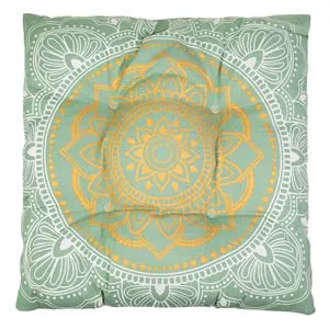 Pernă decorativă pentru scaun, model Mandala, 42x42 cm, verde menta cu accente aurii