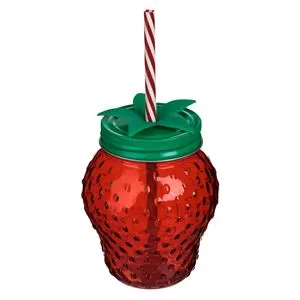 Pahar din Sticlă în Formă de Căpșună 3D cu Pai, 450 ml, Roșu