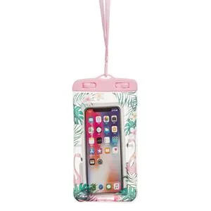 Husă telefon rezistentă la apă cu model tropical și confetti inimioare roz, 21.5x10.5cm