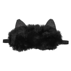 Mască de dormit cu blană artificială neagră și urechi cu sclipici, 20 cm