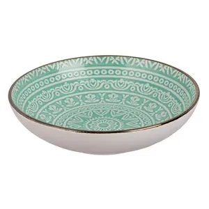 Bol ceramic verde menta cu model reliefat Aztec