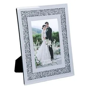 Rama foto decorativa din sticla cu finisaj oglinda si glitter, 10x15cm, argintie