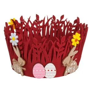 Cos Decorativ de Paste din Fetru Rosu cu Iarba, Flori, Iepurasi si Oua, Ø19x9.5cm