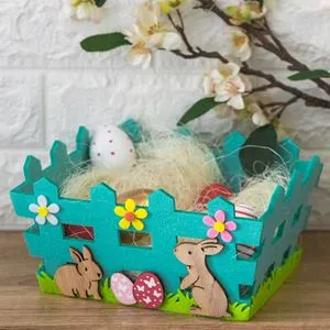 Cos decorativ de Paste din fetru, Turcoaz, cu iepurasi si oua, 22x17x12cm
